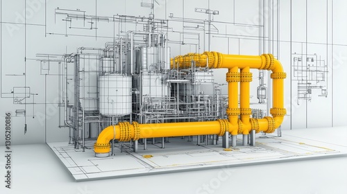 A detailed 3D rendering of an industrial pipeline system with yellow piping, set against a technical blueprint background.