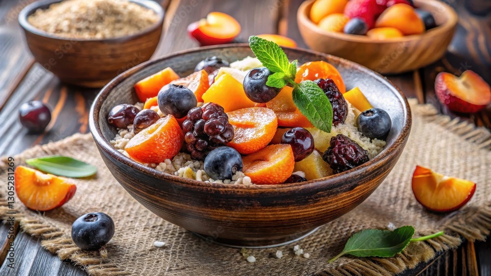 A bowl of mixed fruits such as dates, prunes and apricots with a sprinkle of coconut sugar on top, diet , wholesome A bowl of mixed fruits such as dates, prunes and apricots with a sprinkle of coconut sugar on top, diet , wholesome