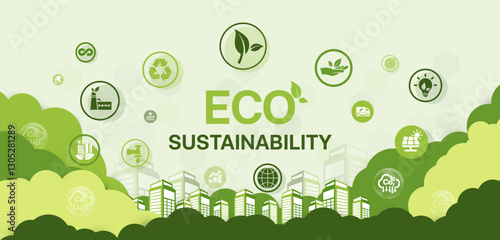 eco, sustainable development concept. eco friendly technology. World environment, green ecology, ESG for business and organization. Green template and Vector illustration.