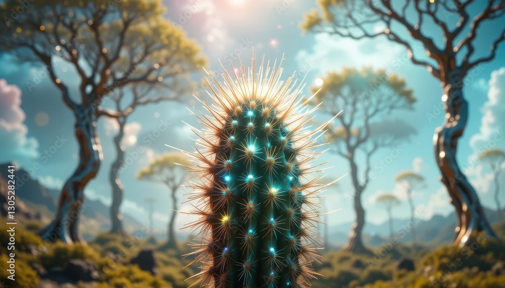Vibrant Cactus in a Surreal Desert Landscape with Twisted Trees Vibrant Cactus in a Surreal Desert Landscape with Twisted Trees