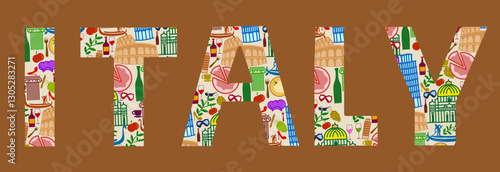 Hand drawn Italy icons set, Rome set in vintage style. Colorful vector scribble elements, isolated national elements made in vector.italy lettering for background