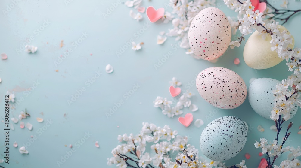 Four pastel eggs in springtime floral arrangement setup Four pastel eggs in springtime floral arrangement setup