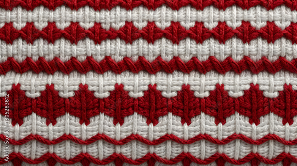 Close-up macro of a cozy winter knitted pattern with red and white yarn, showcasing texture and warmth in a classic seasonal design. Close-up macro of a cozy winter knitted pattern with red and white yarn, showcasing texture and warmth in a classic seasonal design.