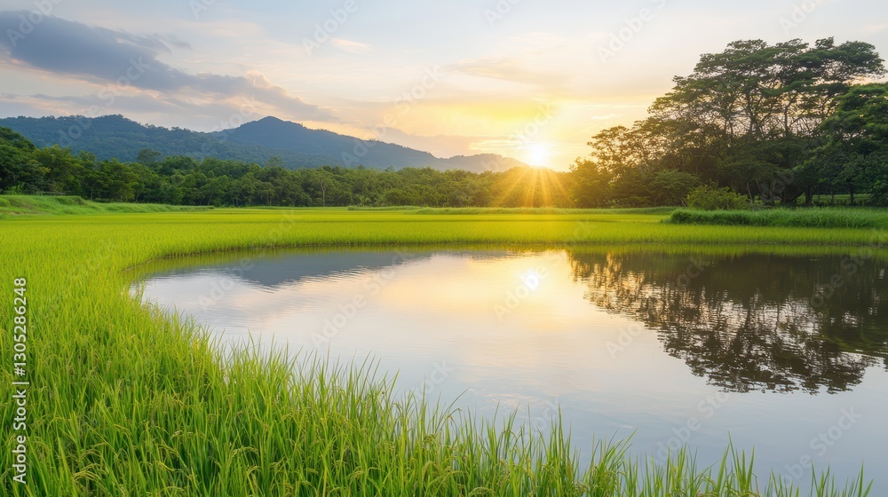 Obraz premium Tranquil lake scene, lush green grass growing peacefully in the calm water, creating a serene natural landscape