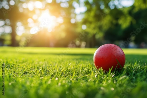 Fototapeta Naklejka Na Ścianę i Meble -  Kickball Fun: Red Ball on Green Grass Under Bright Summer Sunshine