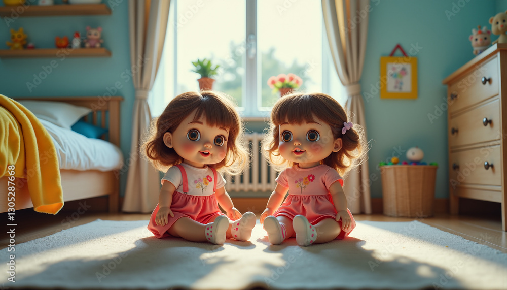 Two vintage dolls sitting on carpet in a bright children's room
