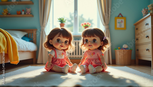 Obraz na płótnie Two vintage dolls sitting on carpet in a bright children's room w salonie