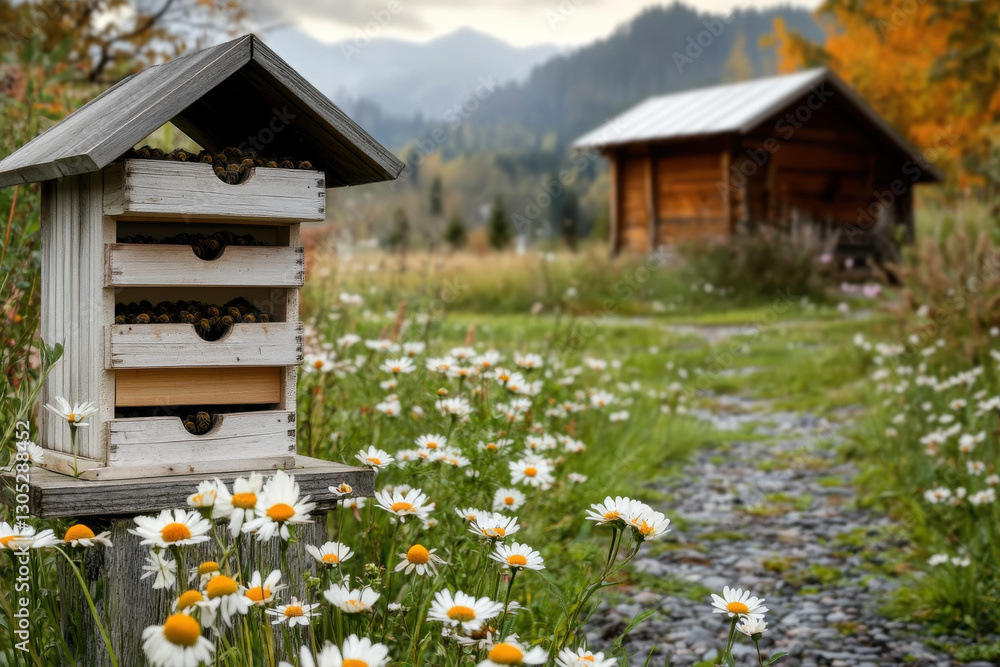 Bee house with wooden bee hives surrounded by blooming daisies and a rustic wooden cabin in the background, set in a scenic countryside landscape Bee house with wooden bee hives surrounded by blooming daisies and a rustic wooden cabin in the background, set in a scenic countryside landscape
