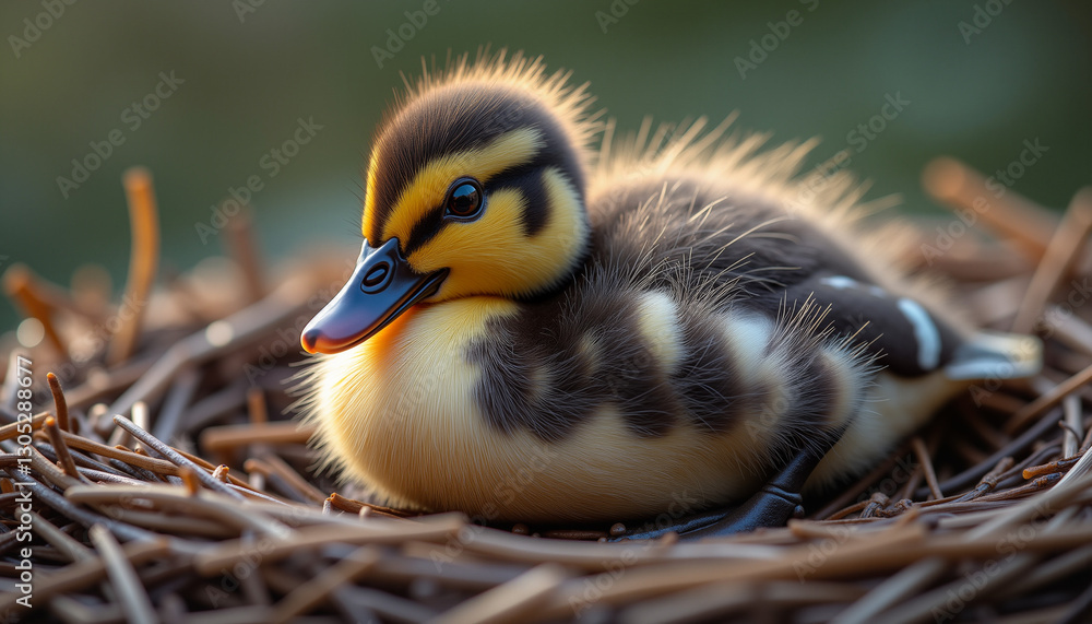 Adorable duckling in a cozy nest with soft feathers and warm sunlight