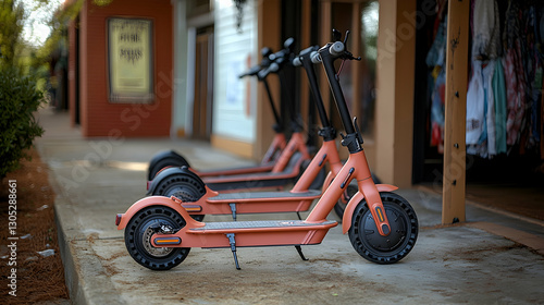 Coral Electric Scooters Lined Up on Sidewalk