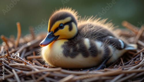 Obraz na płótnie Adorable duckling in a cozy nest with soft feathers and warm sunlight w salonie