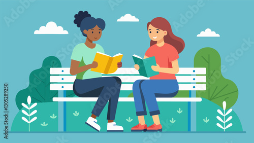 Two friends sit on a bench poring over their planners and discussing their individual goals for time management.. Vector illustration