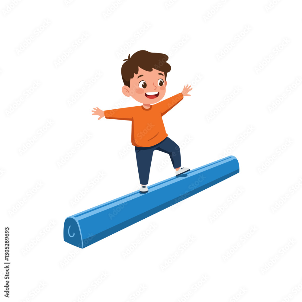 Boy Balancing on a Beam with Arms Outstretched and Happy Expression Boy Balancing on a Beam with Arms Outstretched and Happy Expression