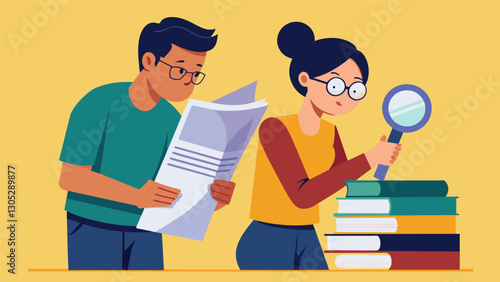 Two students poring over a stack of newspapers looking for inspiration and potential leads for their next investigative piece.. Vector illustration