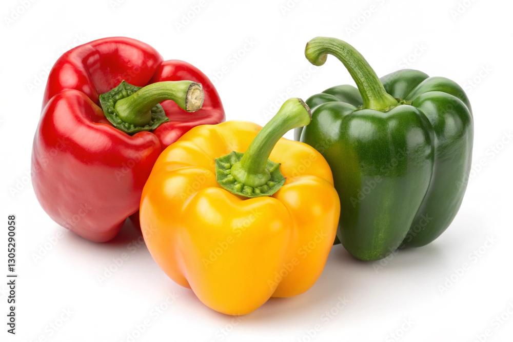 Glossy and fresh bell peppers in vivid colors, isolated on a white background for culinary and nutrition themes. Glossy and fresh bell peppers in vivid colors, isolated on a white background for culinary and nutrition themes.