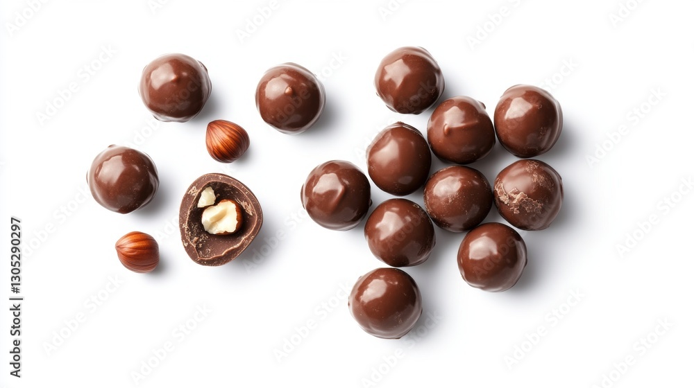 Chocolate balls and half with hazelnut isolated on white, top view , 32k resolution Chocolate balls and half with hazelnut isolated on white, top view , 32k resolution