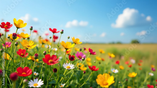 Fototapeta Naklejka Na Ścianę i Meble -  A field of wildflowers in full bloom, with a clear blue sky in the background, representing the beauty of summer landscapes.