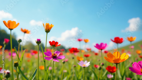 Fototapeta Naklejka Na Ścianę i Meble -  A field of wildflowers in full bloom, with a clear blue sky in the background, representing the beauty of summer landscapes.
