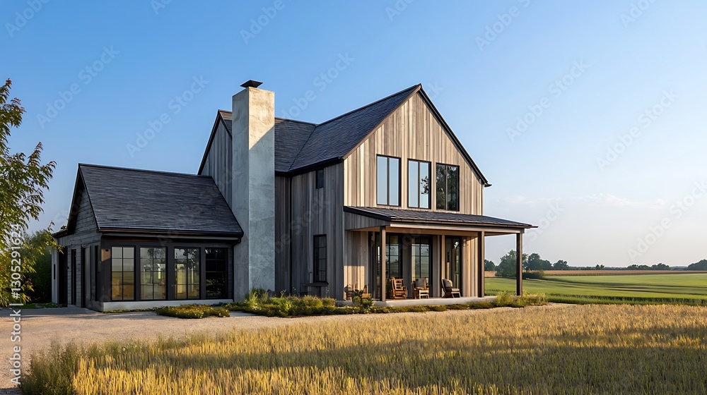Obraz premium Ai created modern farmhouse with a blend of rustic and contemporary elements surrounded by fields and a clear blue sky