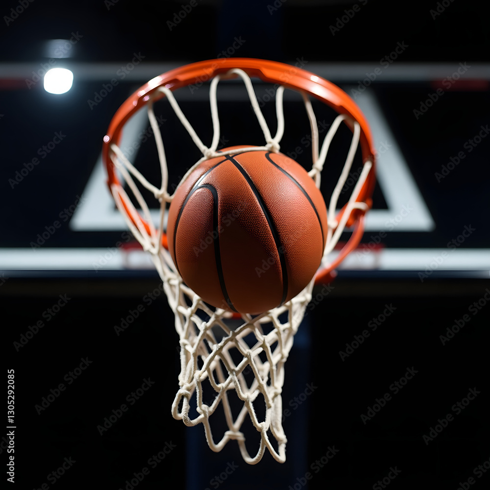 Basketball Mid-Motion Through Hoop with Rippling Net – Dynamic Sports Action Shot Basketball Mid-Motion Through Hoop with Rippling Net – Dynamic Sports Action Shot