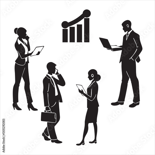 Corporate Business Silhouettes Office Workers, Phone Calls, and Discussions