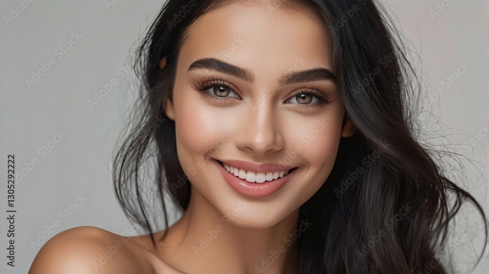 Fototapeta premium Close up of a beautiful young woman's face with makeup, fresh and smooth skin, light lipstick, long black soft hair and smiling a beautiful smile