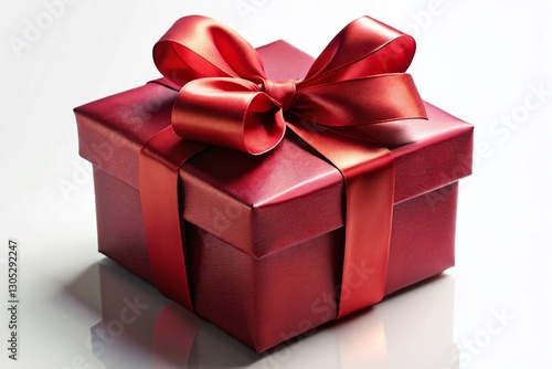 Elegant Red Gift Box with Ribbon, Low Light Photography, Red Background