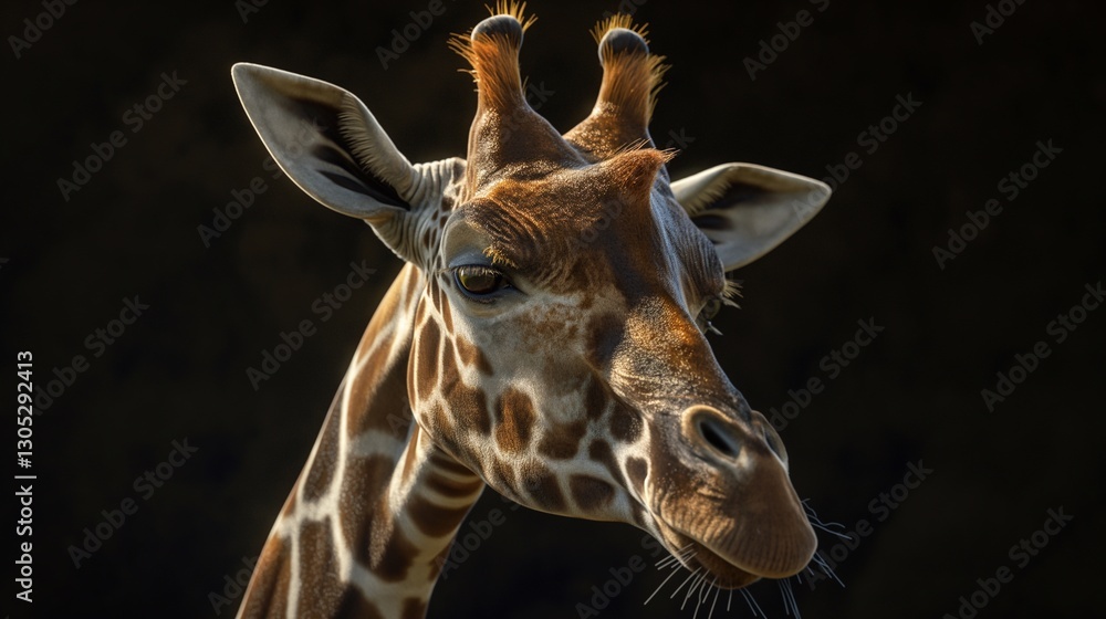 Obraz premium Portrait of a giraffe against a dark black background featuring a network of dark lines, creating a striking visual contrast that highlights the animal's unique patterns and gentle expression