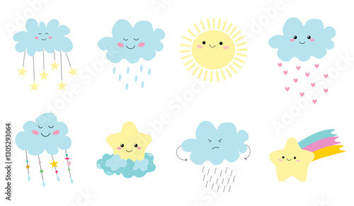 Cute collection of cartoon characters: sun, stars, clouds, rainbow. Walking in  rain. Weather conditions. Average set. Bright colors: yellow, pink, blue. Cheerful mood.