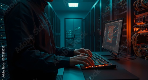 Analyzing Data on a Computer in a Dimly Lit Server Room