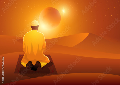 Muslim man praying on a mat in a vast desert under a glowing crescent moon. Dressed in traditional attire with a white taqiyah, surrounded by sand dunes, creating a peaceful and spiritual atmosphere