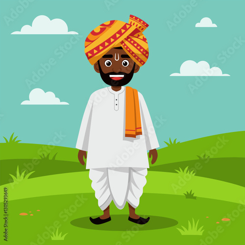 Cartoon Farmer Standing in Field Wearing Traditional Clothing and Turban