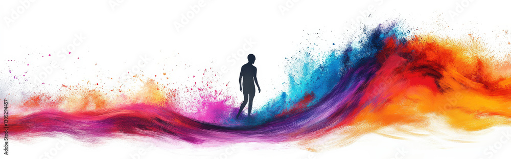 Fototapeta premium A minimalistic surreal illustration of a tiny silhouette surfing a towering wave of Holi powder, contrasting against a pure white background