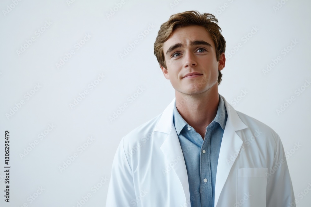 Young male doctor in a white coat posing confidently in a bright office setting with a calm expression Young male doctor in a white coat posing confidently in a bright office setting with a calm expression