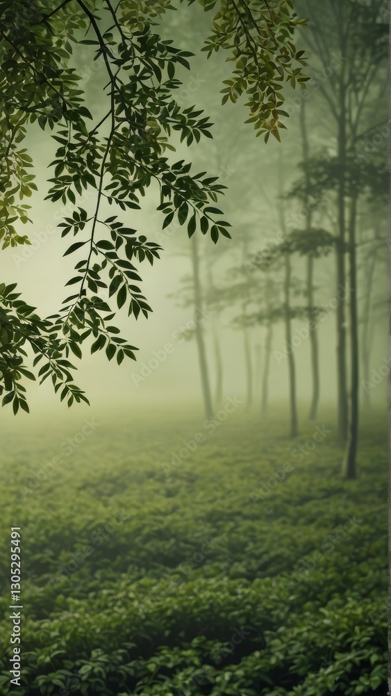 Fototapeta premium Misty forest scene with foliage in foreground. Atmospheric, tranquil landscape perfect for nature, outdoor, or serene design projects.