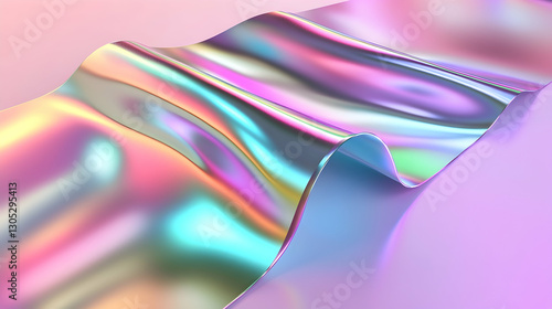A vibrant iridescent foil with seamless metallic reflections, neon pastel gradients glowing across a smooth, fluid surface