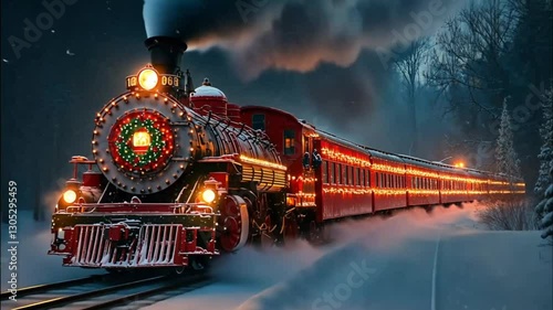 Christmas train in snowy mountains; festive, nostalgic, winter wonderland; stock photography