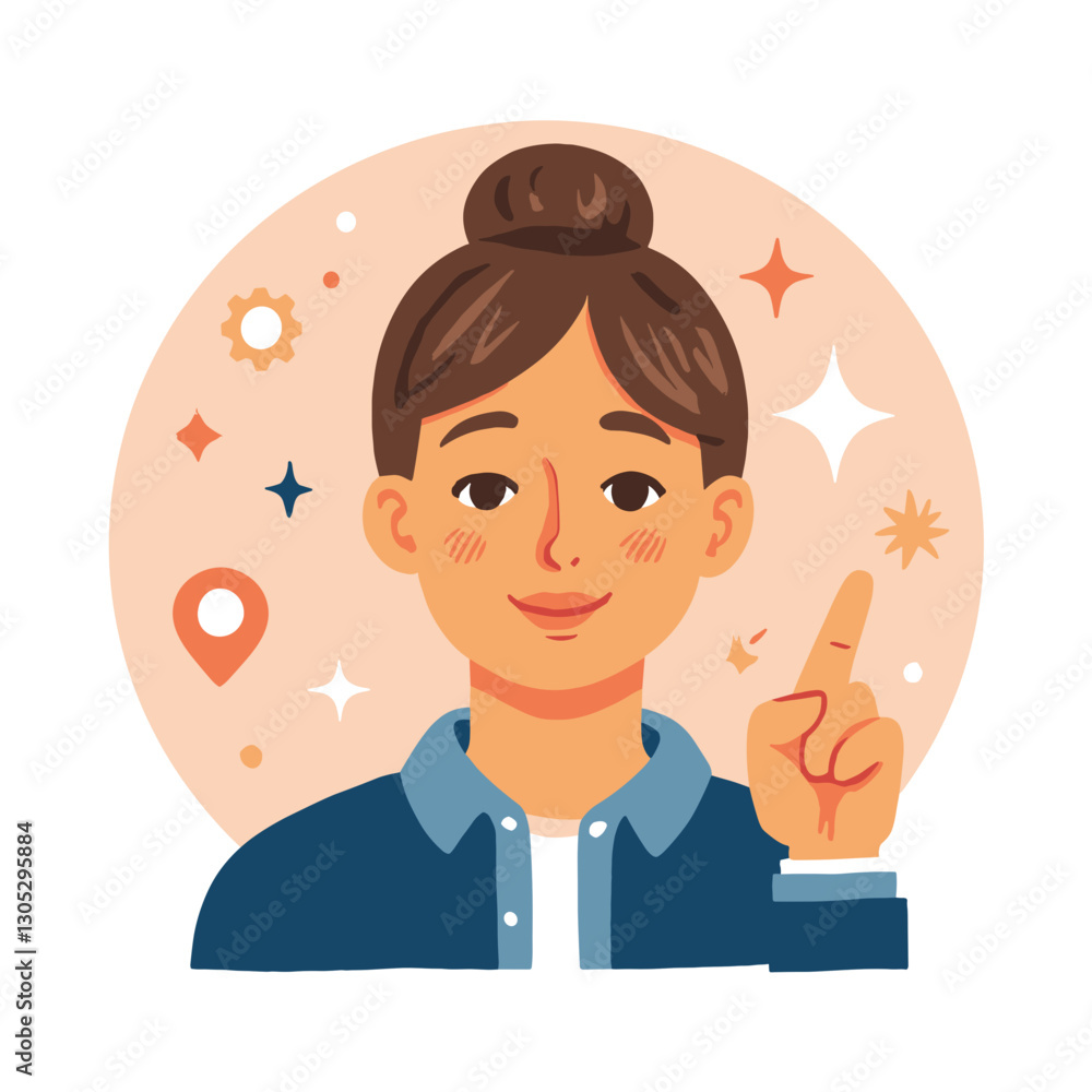 Person showing initiative and smiling against a colorful background Person showing initiative and smiling against a colorful background