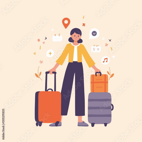 Woman with luggage planning a trip against a minimal background