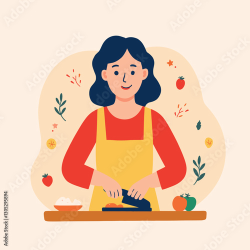 Woman smiling while chopping vegetables in a home kitchen
