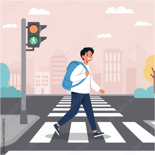 Boy Walking on Crosswalk with Backpack at Green Traffic Light