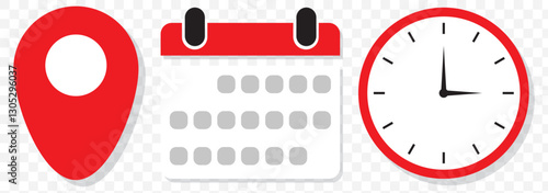 Date, Time, Address or Place Icons Symbol. Time, date and address icon isolated set. Event elements. Clock, calendar and map icon vector illustration on Transparent background. EPS 10.