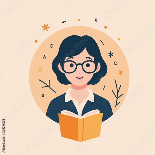 Smiling woman reading a book with abstract background