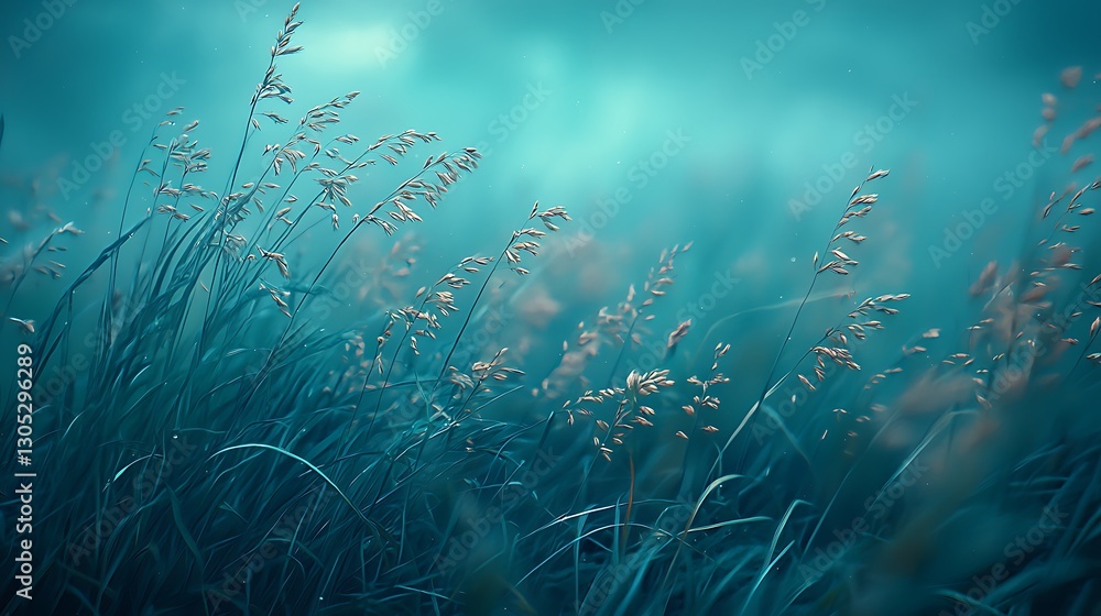 Naklejka premium Misty Meadow, Grassy Field, Cool Colors