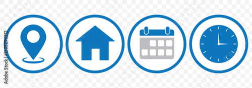 Date, Time, Address or Place Icons Symbol. Time, date and address icon isolated set. Event elements. Clock, calendar and map icon vector illustration on Transparent background. EPS 10.