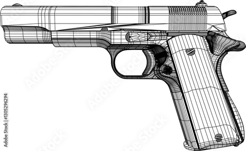 Detailed wireframe illustration of a handgun, showcasing technical precision and 3D modeling. Ideal for military, engineering, or design projects requiring realistic firearm representations