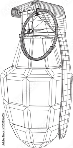 3D wireframe model of a grenade, featuring geometric grid patterns and structural accuracy. Ideal for technical presentations, digital art, and military design concepts