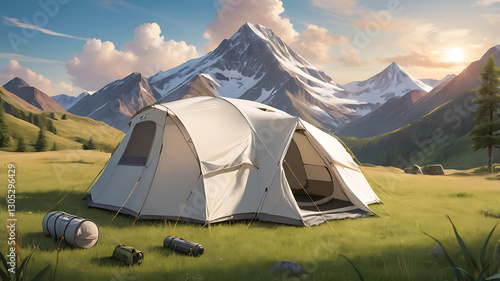 A big white camping tent with camping gears in a green grass with mountains and blue sky with white clouds in the background. Taken during golden hour
