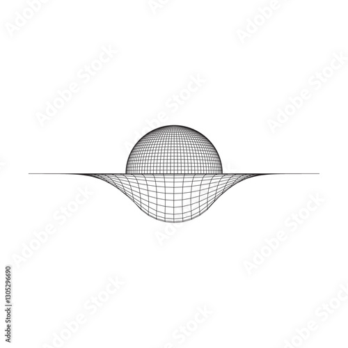Wireframe sphere distorting a grid plane, illustrating gravitational pull or space-time curvature. Suitable for science, 3D modeling, digital art, and futuristic design concepts
