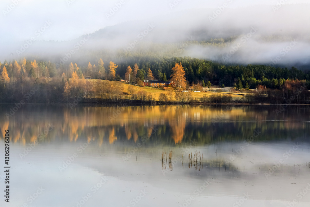 Fototapeta premium Fog at the Lake Jonsvatnet, Trondheim